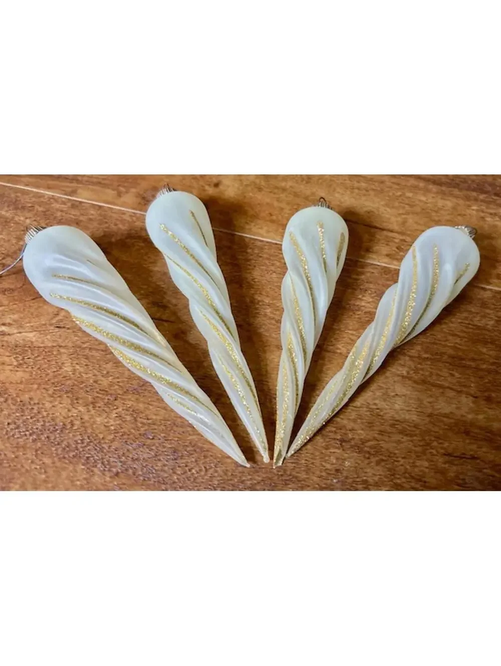 Set of 4 Vintage White Glass Icicle Christmas Ornaments with Gold Glitter Swirls
